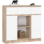Akord - commode k100 ch�ne sonoma 101 cm 2 portes 3 tiroirs fa�ade blanche 6 �tag�res 101x35x98 cm