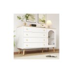 Commode blanche avec 4 tiroirs larges, 1 porte, plateau en bois, poignes dores, agglomr, 40x120x77, ...