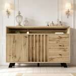 Commode bois 120�40�85 cm style vintage avec front en lamelles, aspect ch�ne fonc�, 3 tiroirs + 2 portes ...