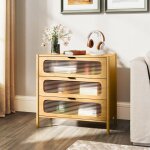 Commode bois 3 tiroirs, commode chambre adulte en bambou, tiroirs en verre tremp ray, buffet cuisine ...