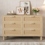 Commode en bois avec 6 tiroirs, meuble de chambre � coucher avec design en rattan, rangement pour salon, ...