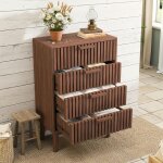 Commode en bois massif 60x34x91 cm, avec 4 tiroirs, design � rayures verticales, finition noyer naturel, ...