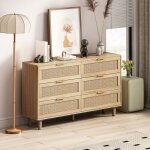 Commode, buffet, 6 tiroirs, rotin, 130x40x75cm, naturel