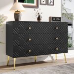 Commode buffet moderne � 6 tiroirs, porte � motifs g�om�triques, noir �l�gant et dor�, pour salon, 120l ...