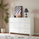 Commode de chambre 120 cm, commode 6 tiroirs, rangement, poign�es dor�es, pour salon et chambre - blanc ...