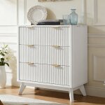 Commode chambre 3 tiroirs style flut� 32  haute, commode bois avec plateau faux marbre & profil courb�, ...
