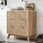 Commode chambre 3 tiroirs style flut� 32  haute, commode bois avec plateau faux marbre & profil courb�, ...