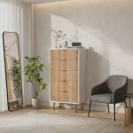 Commode chiffonnier 5 tiroirs - design cannel moderne - bois clair et blanc avec pieds en mtal dor ...