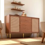 Urban meuble - commode effet bois noyer avec 2 portes et 3 tiroirs en rotin pieds et poignes dores ...