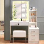 Jymtom - commode avec lumire led et miroir, avec tabouret et commode blanche avec 4 tiroirs et 5 compartiment ...