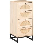 Commode moderne 4 tiroirs de rangement facades rotin pieds en acier cadre particules marron clair botwood ...