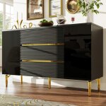 Commode noire moderne 3 tiroirs - portes  carreaux & dtails dors - pour salon / chambre / salle  ...