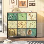 Commode de rangement 100 cm - avec 9 tiroirs de rangement et poign�es noires, motif vintage, buffet, ...