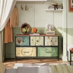 Commode de rangement 100 cm - buffet avec 5 tiroirs de rangement et poignes noires, motif vintage, cadre ...
