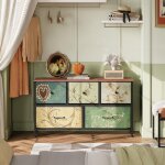 Commode de rangement 100 cm - buffet avec 5 tiroirs de rangement et poign�es noires, motif vintage, cadre ...