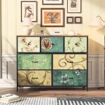 Commode de rangement 100 cm - buffet avec 7 tiroirs de rangement et poignes noires, motif vintage, cadre ...