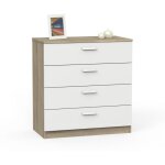 Commode de rangement de 4 tiroirs avec glissi�res m�talliques coloris blanche et ch�ne cambrien - longueur ...