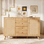 Commode rotin 140�40�86 cm avec aspect ch�ne clair, 4 tiroirs + 2 portes, �tag�res r�glables, rangement ...