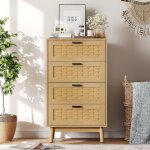 Commode rotin 95 cm, commode chambre avec 4 tiroirs ? pieds en bois de caoutchouc et poign�es noires ...