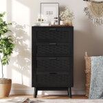 Commode rotin 95 cm, commode chambre avec 4 tiroirs ? pieds en bois de caoutchouc et poign�es noires ...