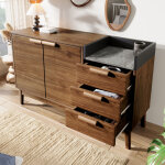 Commode salon d�cor ch�ne avec petit plateau effet marbre, �tag�re ouverte + 3 tiroirs + 2 portes, pieds ...