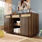 Commode sideboard 120cm noyer, armoire � tiroirs avec rotin & poign�es dor�es, 3 tiroirs + 2 placards ...