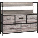 Commode style industriel - 5 tiroirs, 2 tagres - acier noir mdf non tiss effet bois gris