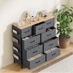 Commode tissu avec 9 tiroirs, commode de chambre, structure en m�tal, poign�es en bois, grand espace ...