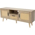 Commode tv 120x50, 5x30 cm aspect chne, avec 2 portes, tiroir, tagre, faade en rotin, pieds en bois ...