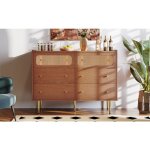 Urban meuble - commode vintage 6 tiroir en rotin poign�es et pieds dor�s 120x90x40cm delmo