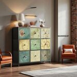 Commode vintage - 9 tiroirs - motifs floraux - bois ch�ne naturel - acier robuste