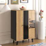 Commode vitrine avec lumi�re led et verre, armoire de salon, buffet avec design � rayures en bois noir ...