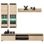 Composition murale domo ? meuble tv, 2 vitrines suspendues et tagre murale ? chne clair et noir