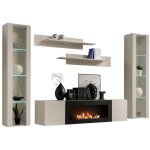 Composition murale fly cachemire avec vitrines vitr�es, chemin�e bio - �thanol et led