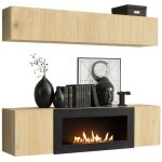 Composition murale fly ? chne clair ? vitrine horizontale et meuble tv avec chemine bio - thanol