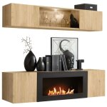 Composition murale fly ? chne clair ? vitrine horizontale partiellement vitre et meuble tv avec chemine ...