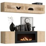 Composition murale fly ? chne clair ? vitrine horizontale vitre et meuble tv avec chemine bio - thanol ...