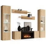 Composition murale fly ? ch�ne clair ? vitrines partiellement vitr�es led, �tag�res et meuble tv avec ...