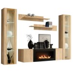 Composition murale fly ? chne clair ? vitrines vitres, tagres et meuble tv avec chemine bio - thanol ...