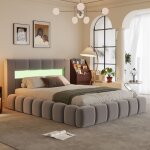 Concept - usine - omaha - lit nuage avec coffre de rangement et led 140x190cm en velours gris avec t�te ...