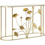 Console dor�e en m�tal avec d�cor floral et plateau miroir 120x40x80 cm