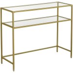 Console de salon valora, table en verre, �tag�res en m�tal dor�