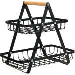 Corbeille � fruits de comptoir � deux niveaux avec �tag�re de rangement, noire