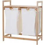 Hhg - jamais utilis] corbeille  linge 731, bambou, 2 compartiments, 74x64x33cm, 70l, blanc