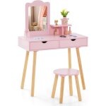 Costway - 2 en 1 coiffeuse enfant avec miroir rectangulaire amovible & tabouret mignon, table de maquillage ...