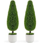 Costway lot de 2 arbres arbustes de cdre artificiel 90 cm en forme de larme, fausse plante topiaire ...