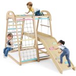 Costway 8 en 1 aire de jeux d'escalade int�rieure en bois avec toboggan & balan�oire, triangle d'escalade ...