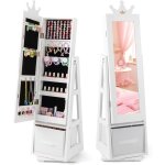 Costway - armoire � bijoux enfant avec miroir & base pivotante, organisateur � bijoux en motif couronne ...