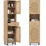 Costway armoire de salle de bain, meuble pour salle de bain haut, colonne avec portes en rotin, �tag�res ...