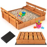 Costway - bac  sable en bois avec couvercle, bancs pliables et tapis de protection pour le sable, pour ...